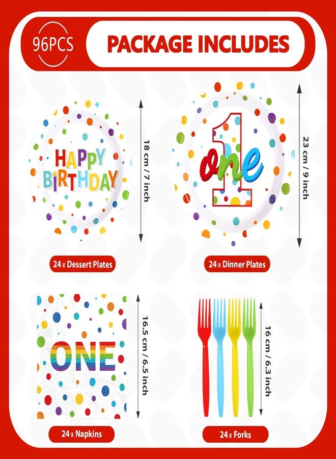 Greencian 96Pcs Happy Birthday Party Supplies Colorful Polka Dots 1st Birthday Plates and Napkins Tableware Set Confetti Rainbow Party Decorations for Kids Baby Shower One Year Old Parties Decoration Serves 24 - Image 5